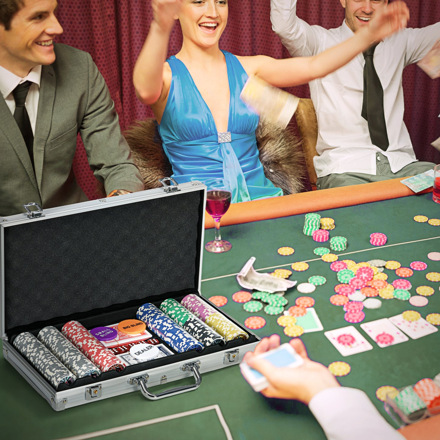 Poker Chips Set, 300PCS with Mat, Chips, 2 Card Decks, Dealer Button, 5 Dice for Casino Night | SPORTNOW-8
